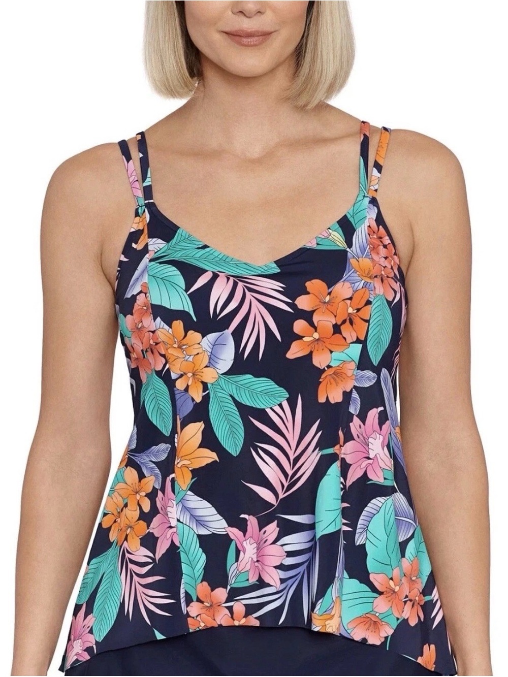 Swim Solutions Navy Floral One-Piece Swimdress with Teal & Coral Accents
